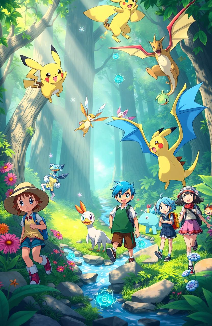 A vibrant and adventurous scene featuring a group of trainers and their Pokémon exploring a lush, enchanted forest