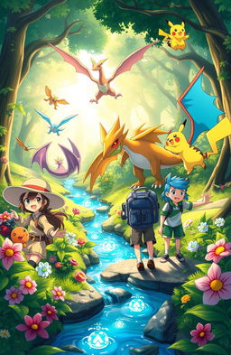 A vibrant and adventurous scene featuring a group of trainers and their Pokémon exploring a lush, enchanted forest