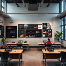 A sophisticated and dynamic creative dashboard in an adult learning classroom, featuring sleek and modern design elements