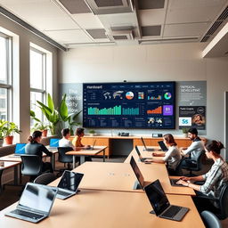 A sophisticated and dynamic creative dashboard in an adult learning classroom, featuring sleek and modern design elements