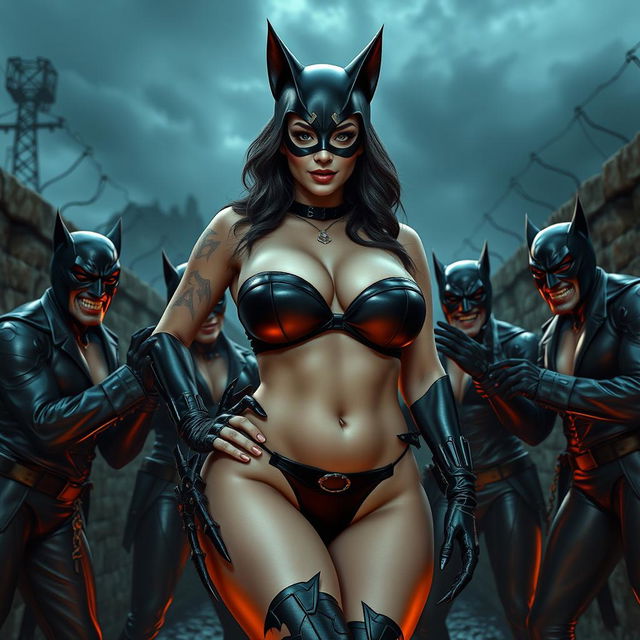 Catwoman wearing a strapless bikini showcasing her big cleavage and curvy figure, confidently posing outside Gotham prison