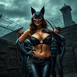 Catwoman wearing a strapless bikini showcasing her big cleavage and curvy figure, confidently posing outside Gotham prison