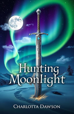 A captivating book cover for a fantasy novel titled 'Hunting Moonlight' by Charlotta Dawson, showcasing a shimmering sword embedded in a mystical landscape