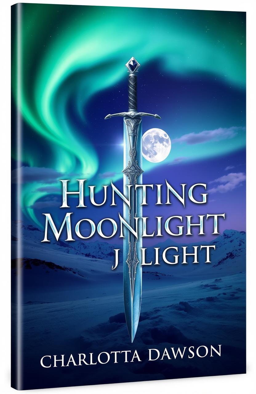 A captivating book cover for a fantasy novel titled 'Hunting Moonlight' by Charlotta Dawson, showcasing a shimmering sword embedded in a mystical landscape