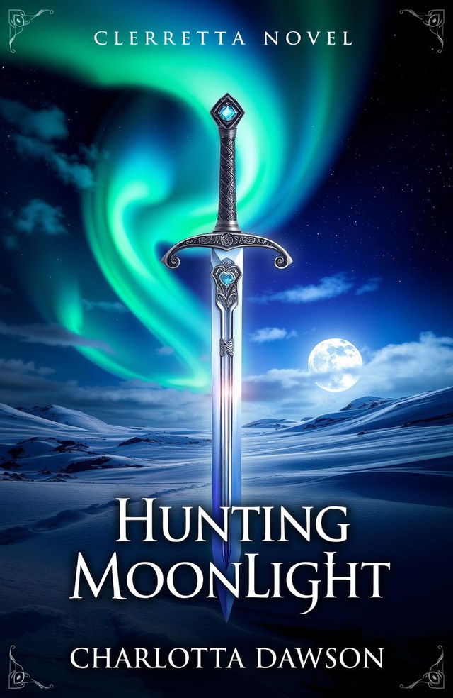 A captivating book cover for a fantasy novel titled 'Hunting Moonlight' by Charlotta Dawson, showcasing a shimmering sword embedded in a mystical landscape