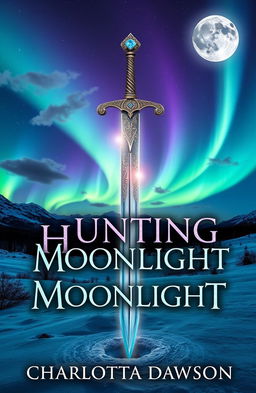 A captivating book cover for a fantasy novel titled 'Hunting Moonlight' by Charlotta Dawson, showcasing a shimmering sword embedded in a mystical landscape