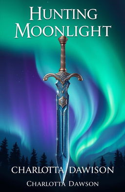 A captivating book cover for a fantasy novel titled 'Hunting Moonlight' by Charlotta Dawson, featuring a beautifully designed sword set against a stunning backdrop of the northern lights