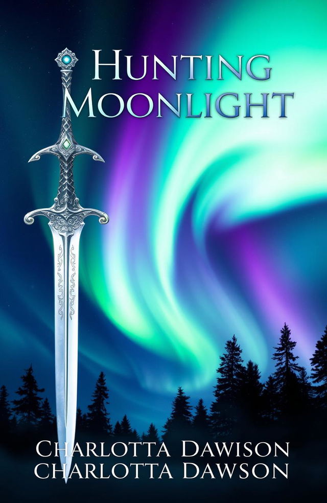 A captivating book cover for a fantasy novel titled 'Hunting Moonlight' by Charlotta Dawson, featuring a beautifully designed sword set against a stunning backdrop of the northern lights