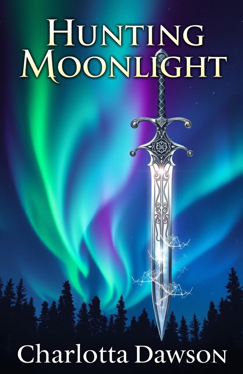 A captivating book cover for a fantasy novel titled 'Hunting Moonlight' by Charlotta Dawson, featuring a beautifully designed sword set against a stunning backdrop of the northern lights