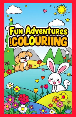 A whimsical, engaging coloring book cover designed for kids, featuring adorable cartoon animals like a playful puppy, a curious kitten, and a cheerful bunny, all surrounded by a vibrant landscape filled with colorful flowers, tall trees, and a bright blue sky
