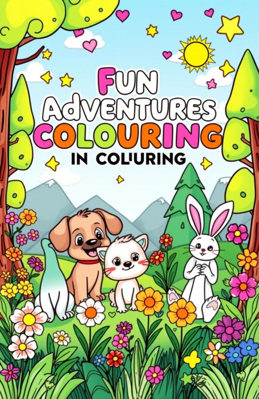 A whimsical, engaging coloring book cover designed for kids, featuring adorable cartoon animals like a playful puppy, a curious kitten, and a cheerful bunny, all surrounded by a vibrant landscape filled with colorful flowers, tall trees, and a bright blue sky