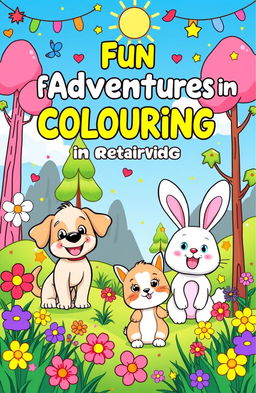 A whimsical, engaging coloring book cover designed for kids, featuring adorable cartoon animals like a playful puppy, a curious kitten, and a cheerful bunny, all surrounded by a vibrant landscape filled with colorful flowers, tall trees, and a bright blue sky