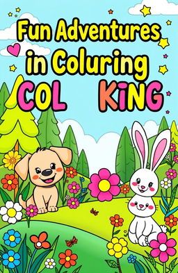 A whimsical, engaging coloring book cover designed for kids, featuring adorable cartoon animals like a playful puppy, a curious kitten, and a cheerful bunny, all surrounded by a vibrant landscape filled with colorful flowers, tall trees, and a bright blue sky