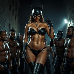 Catwoman in a striking strapless bikini accentuating her big cleavage and curvy figure, standing confidently outside Gotham prison