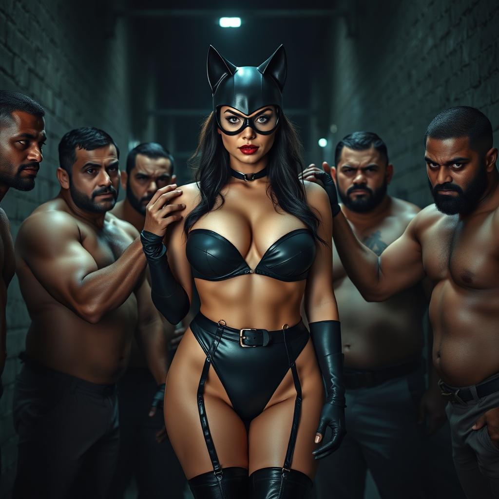 Catwoman in a striking strapless bikini accentuating her big cleavage and curvy figure, standing confidently outside Gotham prison