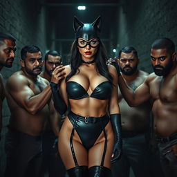 Catwoman in a striking strapless bikini accentuating her big cleavage and curvy figure, standing confidently outside Gotham prison