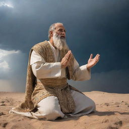 After the fury of the storm, Prophet Moses humbly kneels in prayer under the clear skies, his hands raised, words of divine supplication echoing through the storm-scarred grandeur of ancient Egypt.