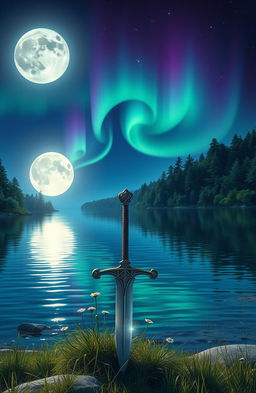 A mesmerizing fantasy night scene of a tranquil lake illuminated by a brilliant full moon