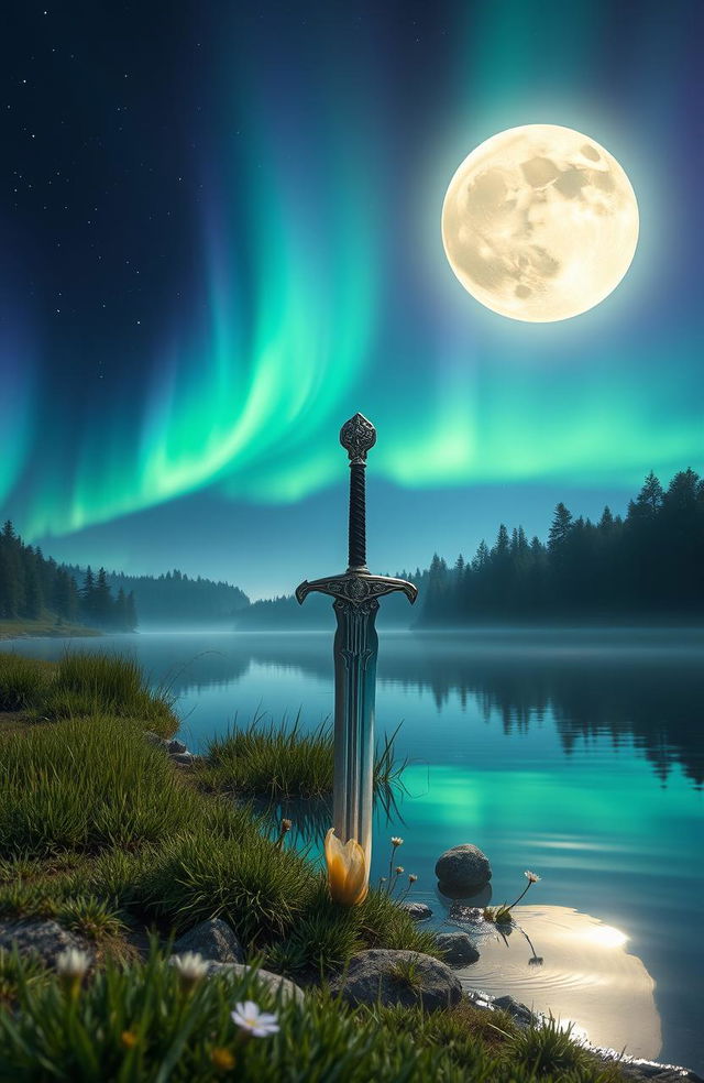 A mesmerizing fantasy night scene of a tranquil lake illuminated by a brilliant full moon