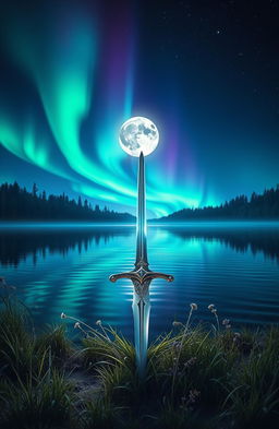 A mesmerizing fantasy night scene of a tranquil lake illuminated by a brilliant full moon