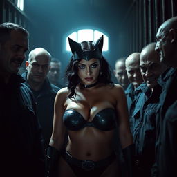 A sad and terrified Catwoman wearing a strapless bikini that emphasizes her big cleavage and curvy figure, surrounded by intimidating, dense male prisoners inside the dark confines of Gotham prison
