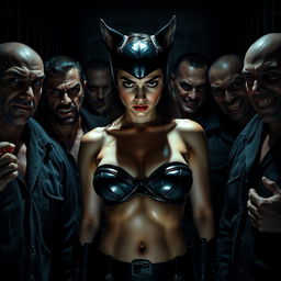 A sad and terrified Catwoman wearing a strapless bikini that emphasizes her big cleavage and curvy figure, surrounded by intimidating, dense male prisoners inside the dark confines of Gotham prison
