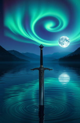 A stunning fantasy night scene featuring a serene lake illuminated by a radiant full moon, the reflections shimmering on the water's surface