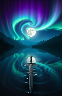 A stunning fantasy night scene featuring a serene lake illuminated by a radiant full moon, the reflections shimmering on the water's surface