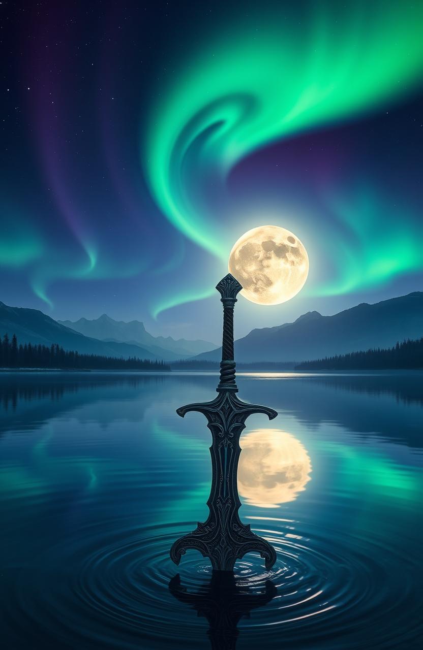 A stunning fantasy night scene featuring a serene lake illuminated by a radiant full moon, the reflections shimmering on the water's surface