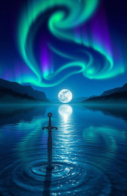 A stunning fantasy night scene featuring a serene lake illuminated by a radiant full moon, the reflections shimmering on the water's surface