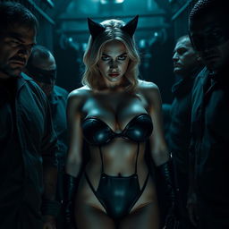 A sad and terrified blonde Catwoman wearing a strapless bikini that highlights her big cleavage and voluptuous figure, captured in a tense moment inside Gotham prison