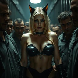 A sad and terrified blonde Catwoman wearing a strapless bikini that highlights her big cleavage and voluptuous figure, captured in a tense moment inside Gotham prison