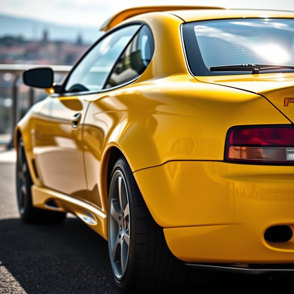 A beautifully detailed 1995 Fiat Coupe enhanced with a sporty body kit and a stylish spoiler, showcased in a bright yellow color