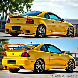 A beautifully detailed 1995 Fiat Coupe enhanced with a sporty body kit and a stylish spoiler, showcased in a bright yellow color