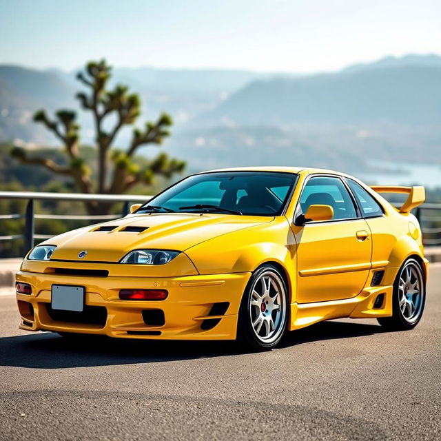 A beautifully detailed 1995 Fiat Coupe enhanced with a sporty body kit and a stylish spoiler, showcased in a bright yellow color