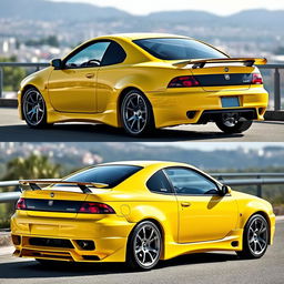A beautifully detailed 1995 Fiat Coupe enhanced with a sporty body kit and a stylish spoiler, showcased in a bright yellow color