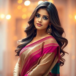 A stunning young woman wearing a traditional saree paired with a stylish blouse, showcasing a fashionable and elegant look