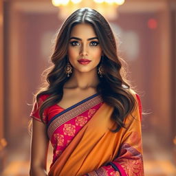 A stunning young woman wearing a traditional saree paired with a stylish blouse, showcasing a fashionable and elegant look