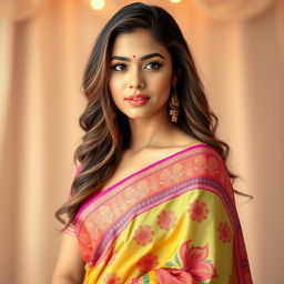 A stunning young woman wearing a traditional saree paired with a stylish blouse, showcasing a fashionable and elegant look