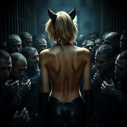 A sad and terrified blonde Catwoman depicted in a vulnerable state, completely nude, with her back facing the viewer, highlighting her exposed form as she is surrounded by dense male prisoners within the dark, foreboding environment of Gotham prison
