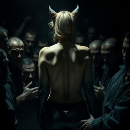 A sad and terrified blonde Catwoman depicted in a vulnerable state, completely nude, with her back facing the viewer, highlighting her exposed form as she is surrounded by dense male prisoners within the dark, foreboding environment of Gotham prison