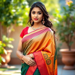 A stunning young woman in a traditional Indian saree, elegantly draped, featuring vibrant colors and intricate patterns