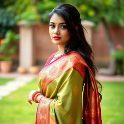 A stunning young woman in a traditional Indian saree, elegantly draped, featuring vibrant colors and intricate patterns