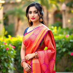 A stunning young woman in a traditional Indian saree, elegantly draped, featuring vibrant colors and intricate patterns
