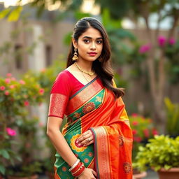A stunning young woman in a traditional Indian saree, elegantly draped, featuring vibrant colors and intricate patterns