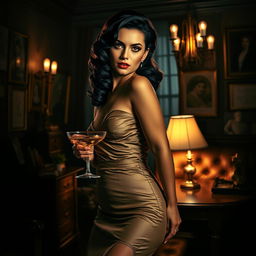Vivian Noir, an elegantly dangerous detective, stands in a dimly lit, vintage-inspired office filled with classic decor