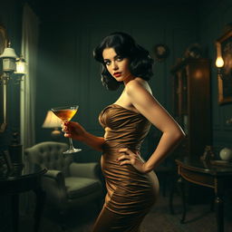 Vivian Noir, an elegantly dangerous detective, stands in a dimly lit, vintage-inspired office filled with classic decor