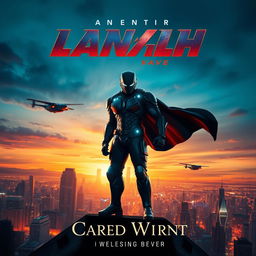 A stunning movie poster featuring a heroic character in a dramatic pose, set against a vibrant city skyline at sunset