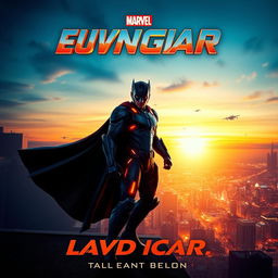 A stunning movie poster featuring a heroic character in a dramatic pose, set against a vibrant city skyline at sunset