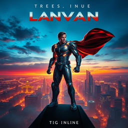 A stunning movie poster featuring a heroic character in a dramatic pose, set against a vibrant city skyline at sunset